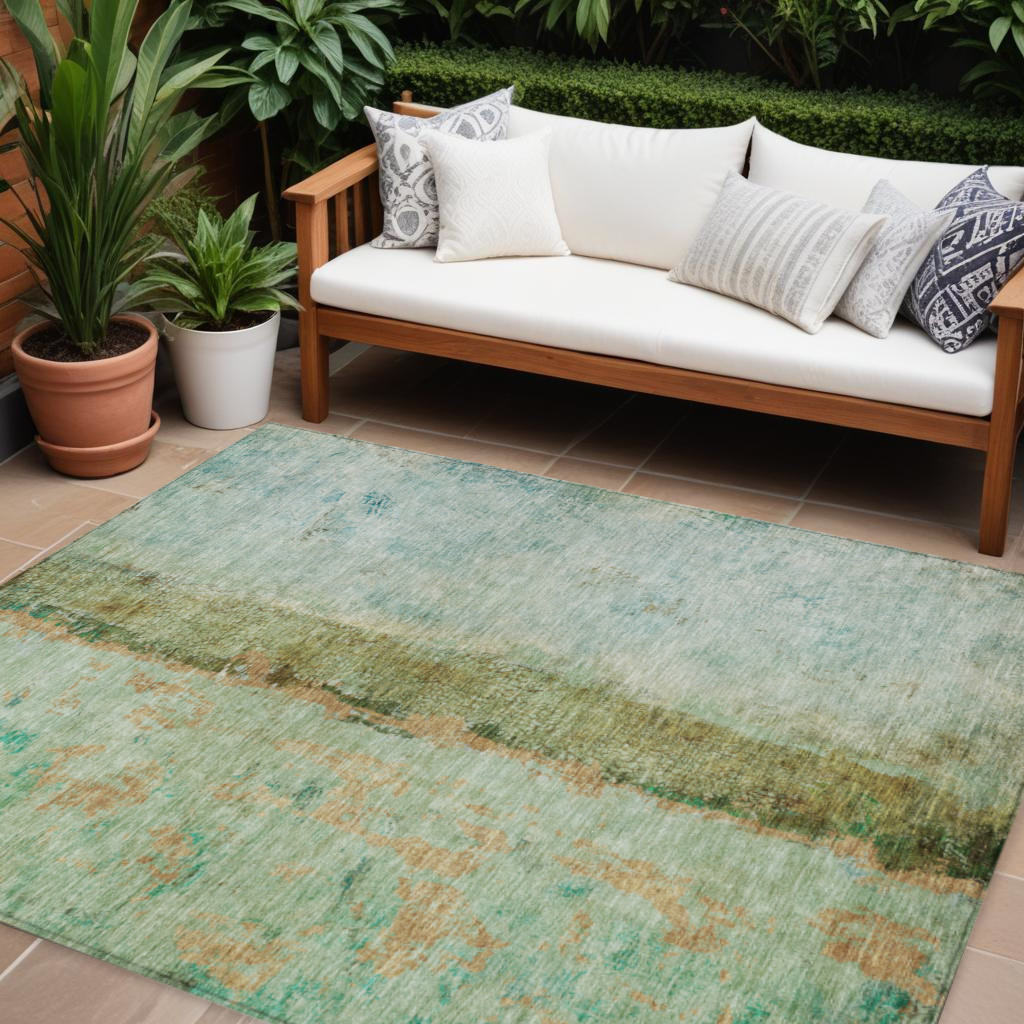 10' X 14' Green Olive Green And Blue Abstract Washable Indoor Outdoor Area Rug
