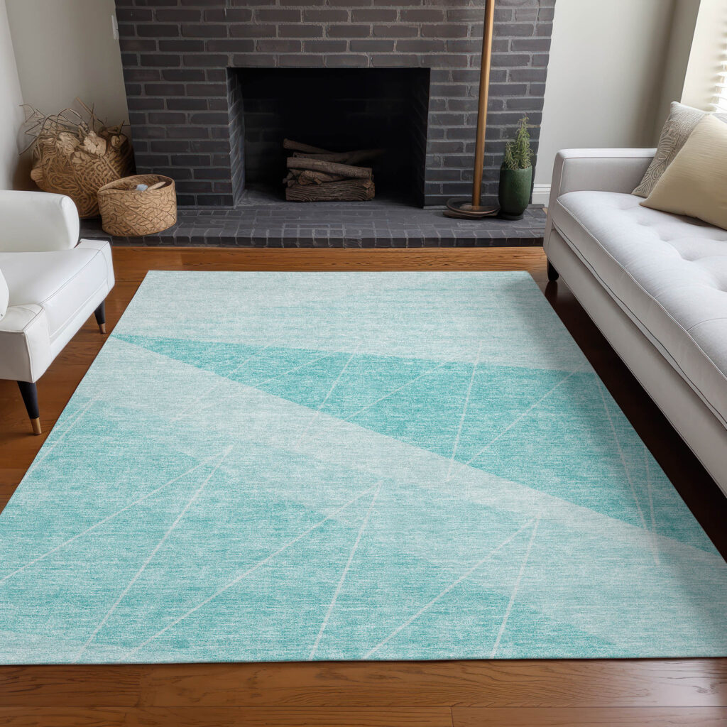 8' X 10' Teal Blue Aqua And Ivory Geometric Washable Indoor Outdoor Area Rug