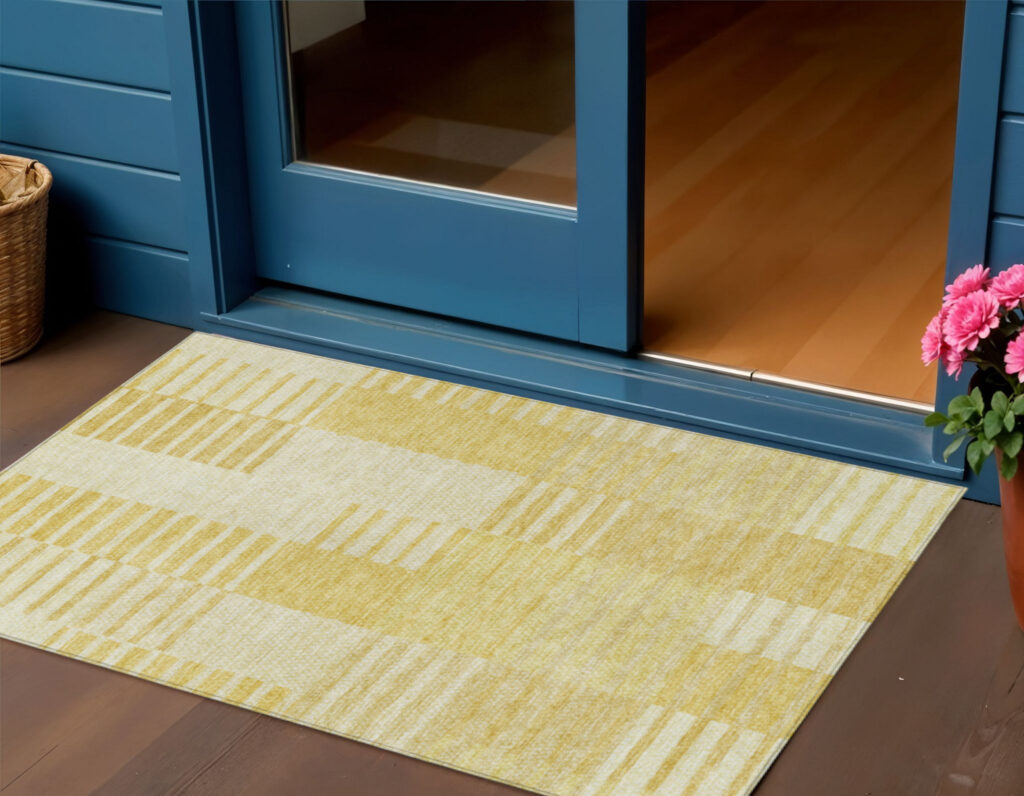 3' X 5' Gold Wheat And Ivory Striped Washable Indoor Outdoor Area Rug