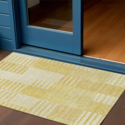 3' X 5' Gold Wheat And Ivory Striped Washable Indoor Outdoor Area Rug