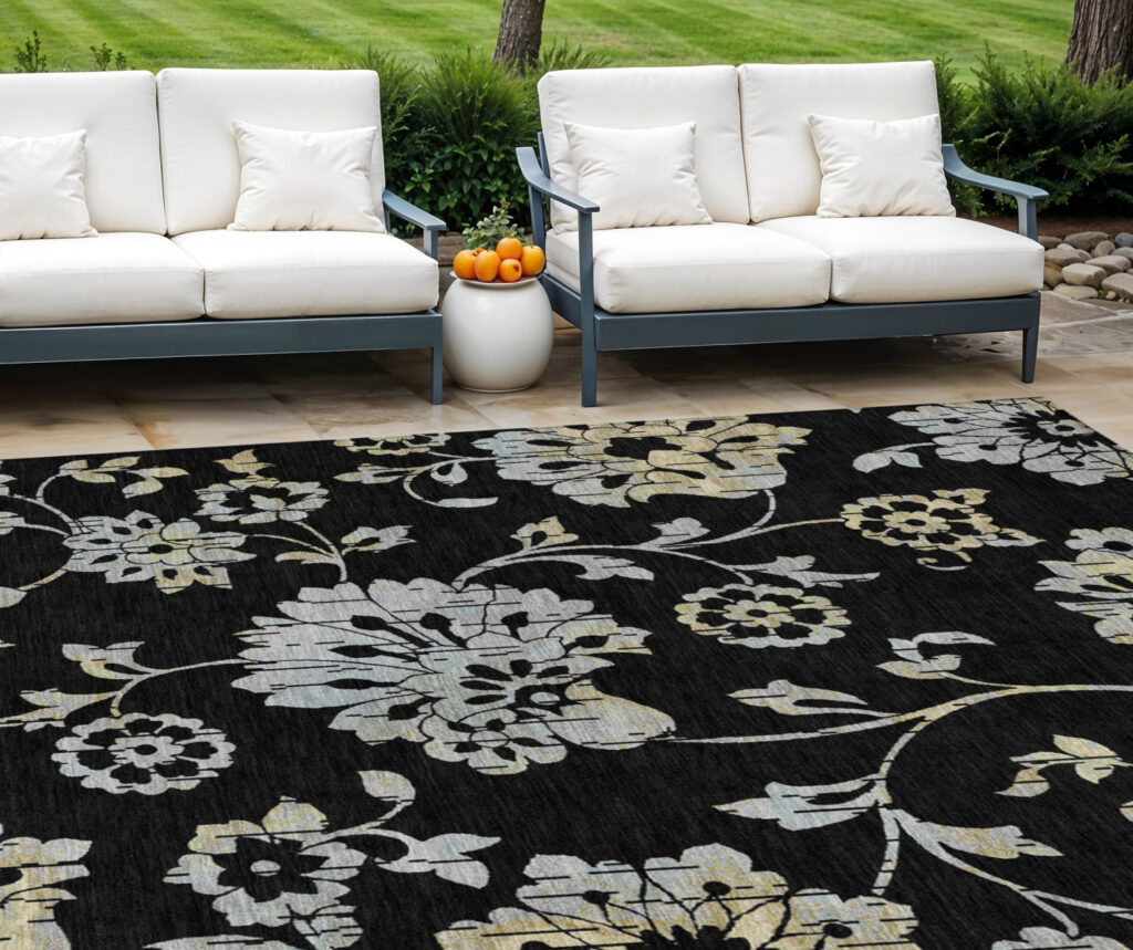 9' X 12' Black Artichoke Green And Silver Floral Washable Indoor Outdoor Area Rug