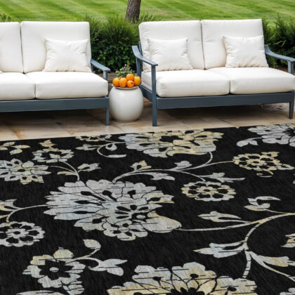 9' X 12' Black Artichoke Green And Silver Floral Washable Indoor Outdoor Area Rug