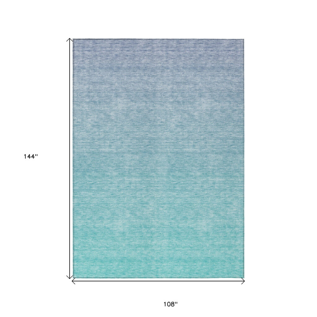 9' X 12' Sky Blue And Teal Blue Ombre Washable Indoor Outdoor Area Rug