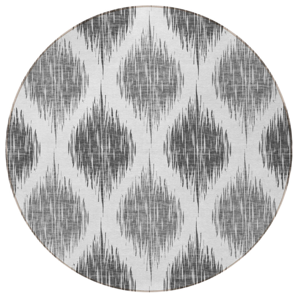 8' Gray Ivory And Charcoal Round Ikat Washable Indoor Outdoor Area Rug