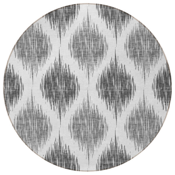 8' Gray Ivory And Charcoal Round Ikat Washable Indoor Outdoor Area Rug