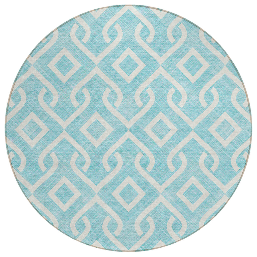 8' Aqua And Ivory Round Geometric Washable Indoor Outdoor Area Rug