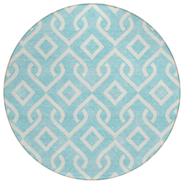 8' Aqua And Ivory Round Geometric Washable Indoor Outdoor Area Rug