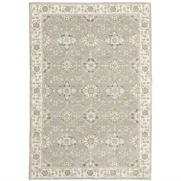 6' X 9' Grey Ivory Tan Brown And Gold Oriental Power Loom Stain Resistant Area Rug