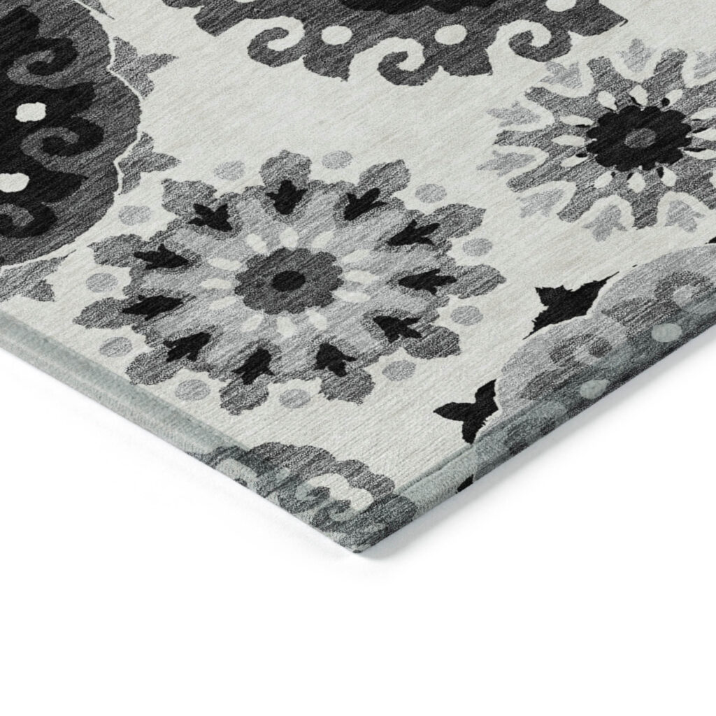 3' X 5' Black Gray And Silver Floral Medallion Washable Indoor Outdoor Area Rug