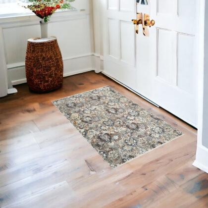 2' x 3' Rust Oriental Distressed Area Rug With Fringe