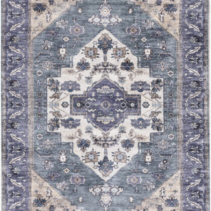 4' x 6' Blue and Beige Oriental Power Loom Distressed Washable Non Skid Area Rug