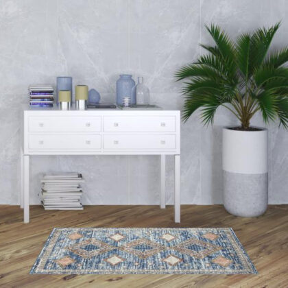 3' X 5' Blue Southwestern Power Loom Non Skid Area Rug