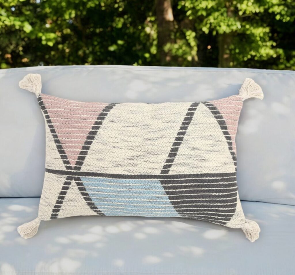 14" X 22" Ivory Gray and Pink Handmade Geometric Indoor Outdoor Throw Pillow Cover With Tassels