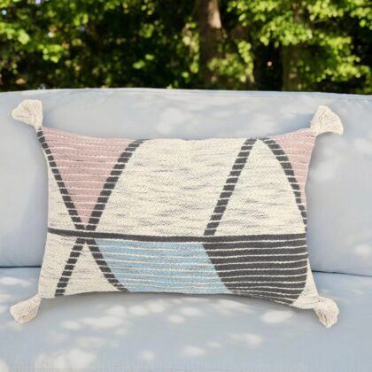 14" X 22" Ivory Gray and Pink Handmade Geometric Indoor Outdoor Throw Pillow Cover With Tassels