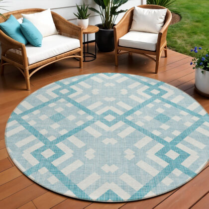 8' Teal Blue Aqua And Ivory Round Geometric Washable Indoor Outdoor Area Rug