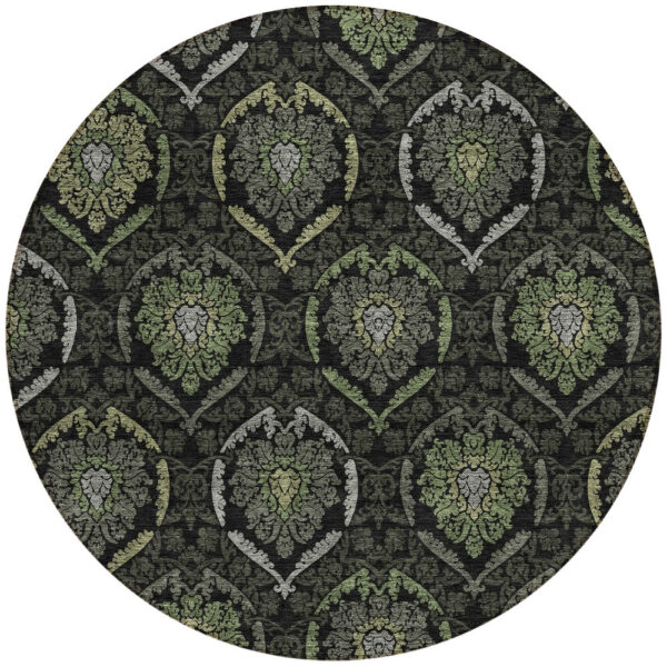 8' Green Gray And Charcoal Round Medallion Washable Indoor Outdoor Area Rug