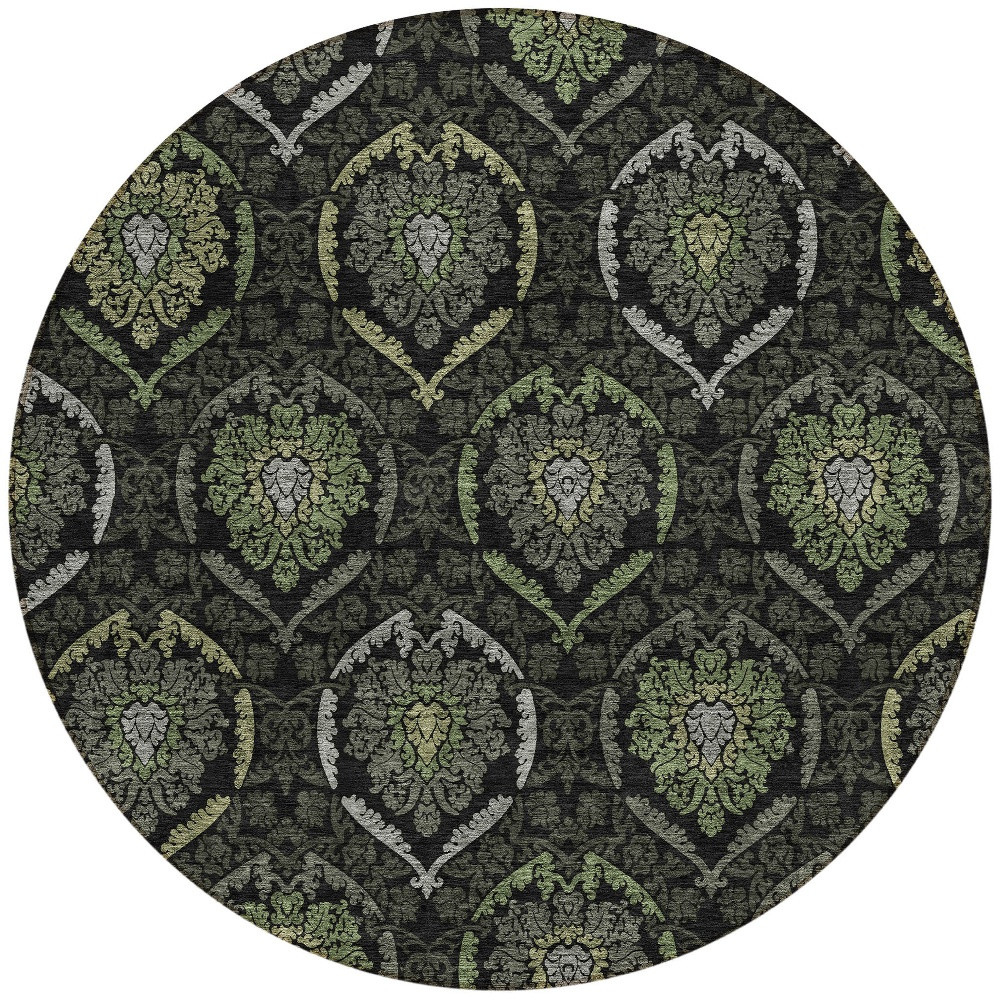 8' Green Gray And Charcoal Round Medallion Washable Indoor Outdoor Area Rug