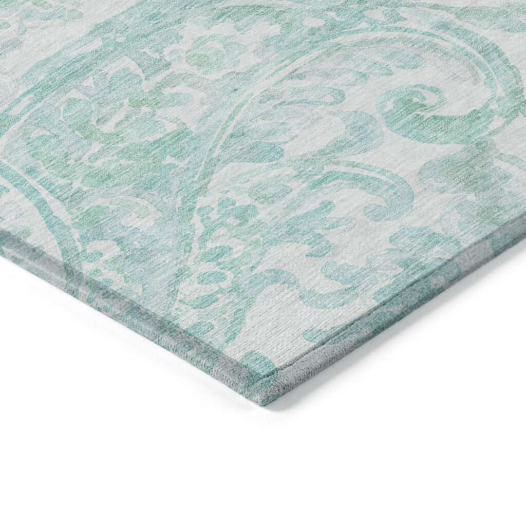 5' X 8' Turquoise And Ivory Paisley Washable Indoor Outdoor Area Rug