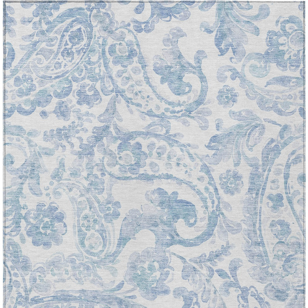 8' X 10' Sky Blue Denim Blue And Ivory Paisley Washable Indoor Outdoor Area Rug