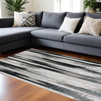 12' X 18' Black Silver and Gray Abstract Power Loom Area Rug