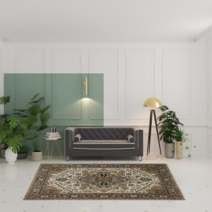 6' X 9' Ivory Beige Blue Orange Gold Green Grey And Rust Oriental Power Loom Stain Resistant Area Rug With Fringe