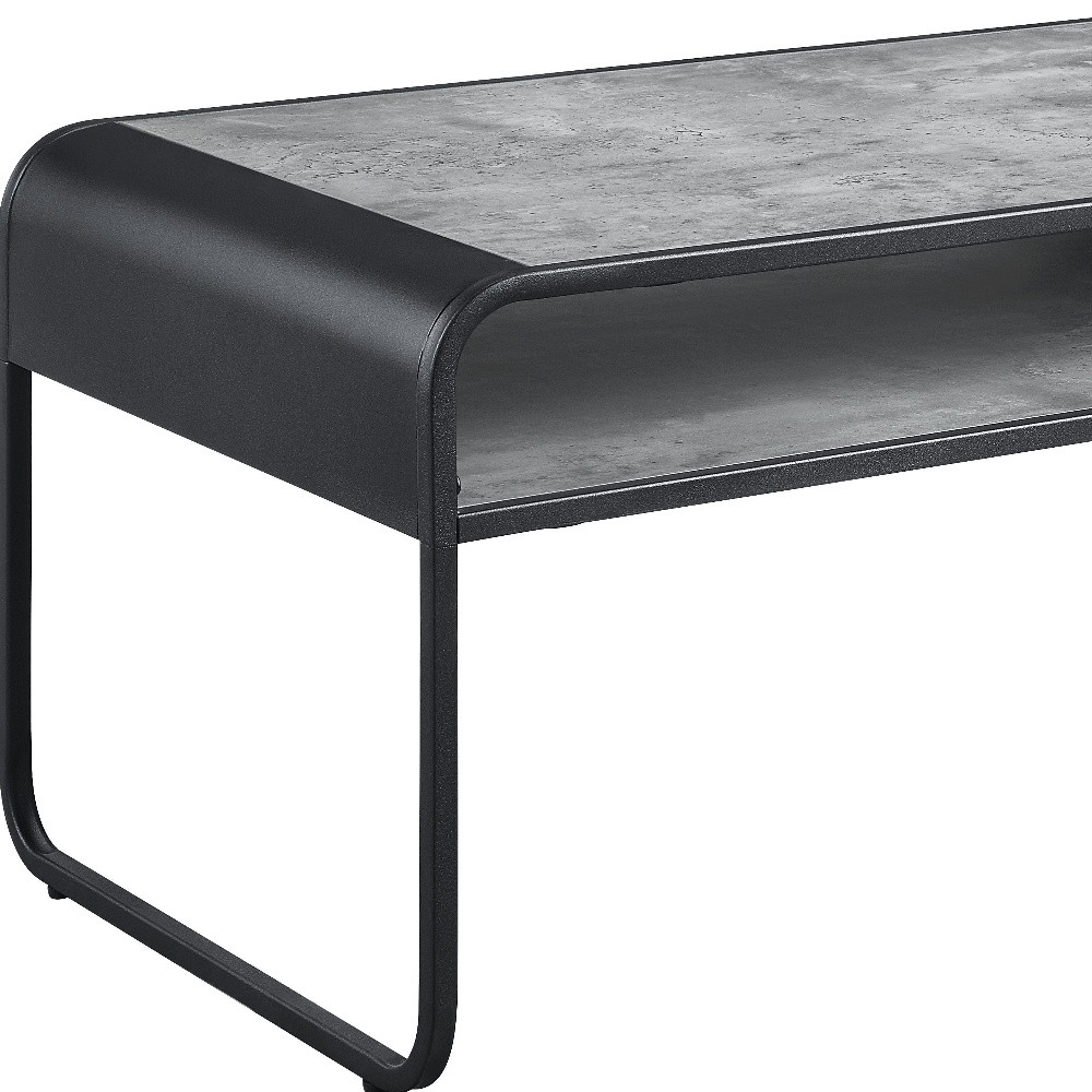 42" Gray And Black Concrete And Metal Sled Coffee Table With Shelf