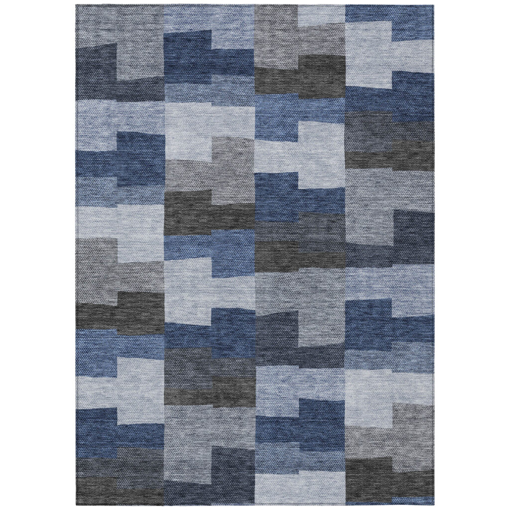 5' X 8' Navy Blue And Sky Blue Geometric Washable Indoor Outdoor Area Rug