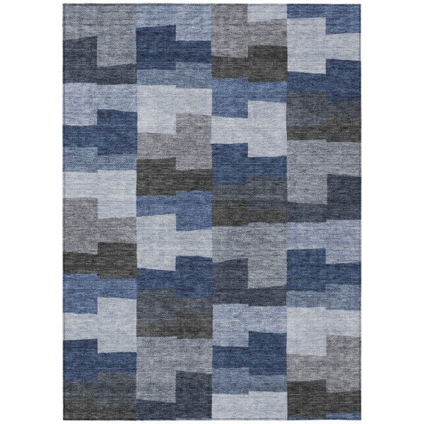 5' X 8' Navy Blue And Sky Blue Geometric Washable Indoor Outdoor Area Rug