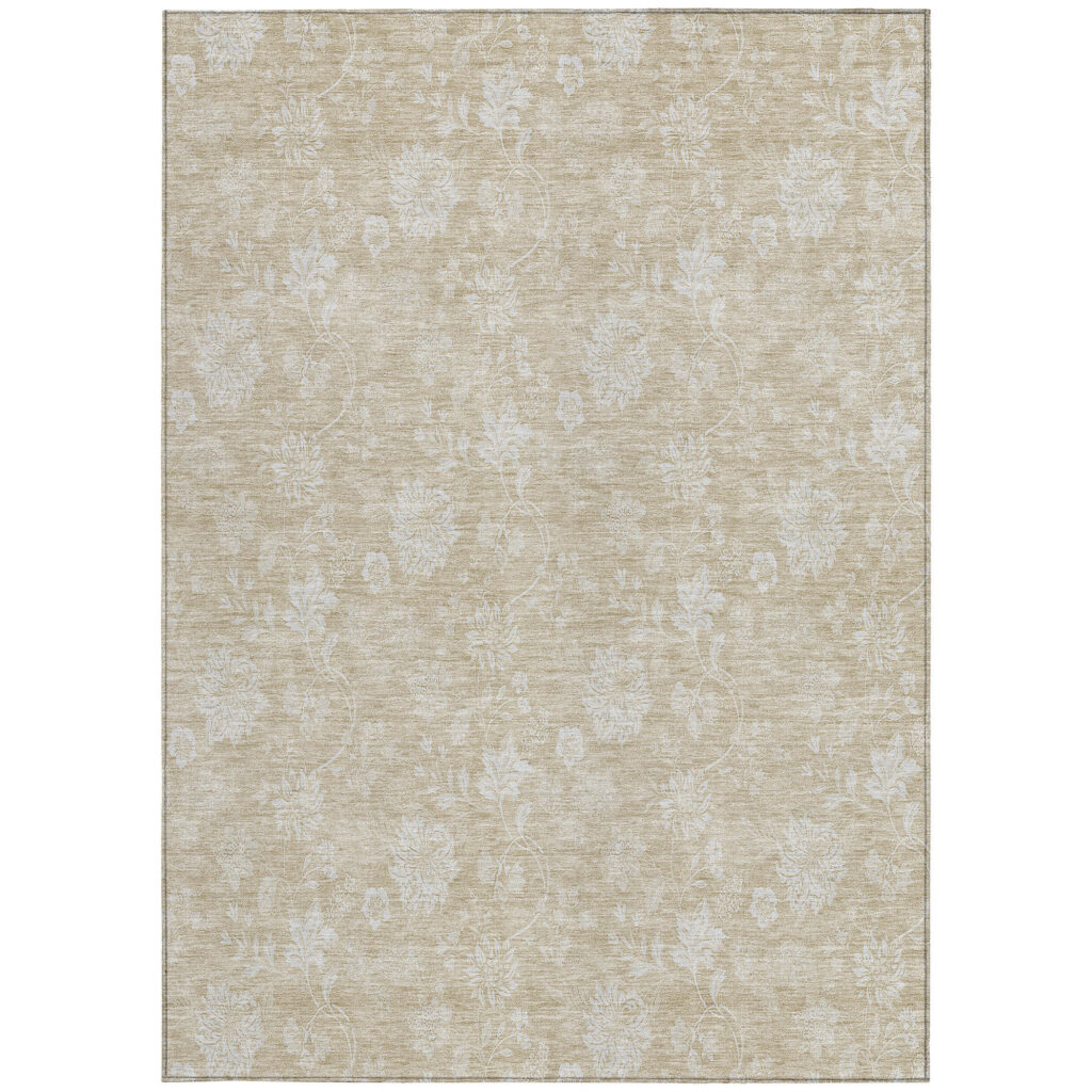 9' X 12' Beige Tan And Ivory Floral Washable Indoor Outdoor Area Rug