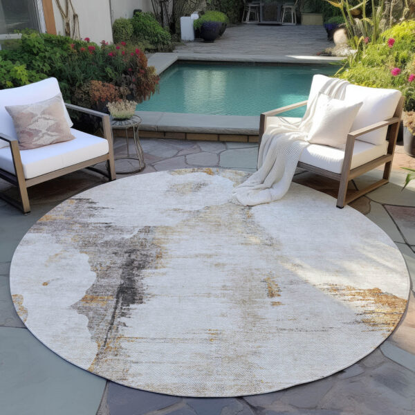8' Beige Ivory And Taupe Round Abstract Washable Indoor Outdoor Area Rug