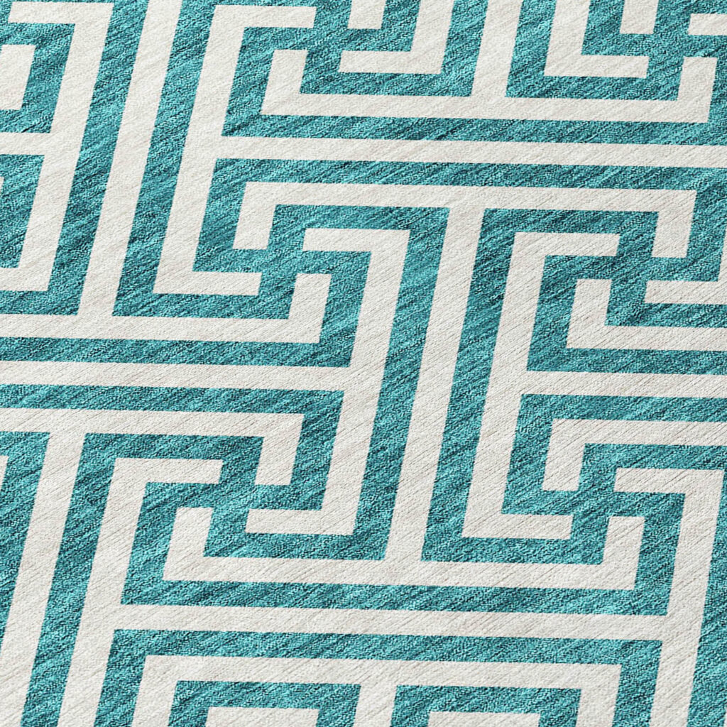 5' X 8' Teal Blue And Ivory Geometric Washable Indoor Outdoor Area Rug