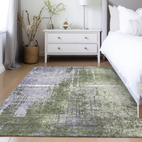 10' X 14' Olive Green And Purple Abstract Washable Indoor Outdoor Area Rug