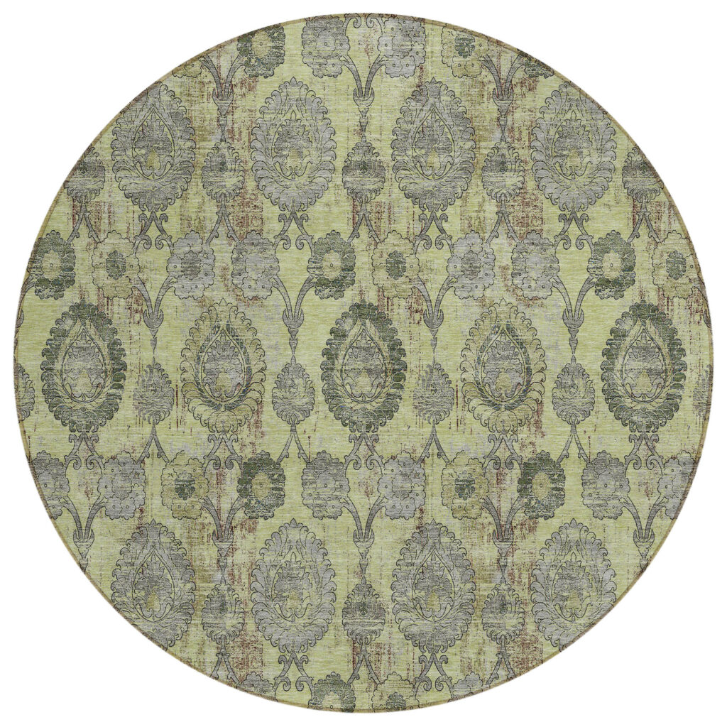 8' Artichoke Green Green And Gray Round Damask Washable Indoor Outdoor Area Rug