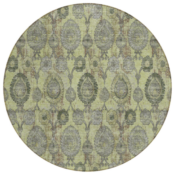 8' Artichoke Green Green And Gray Round Damask Washable Indoor Outdoor Area Rug