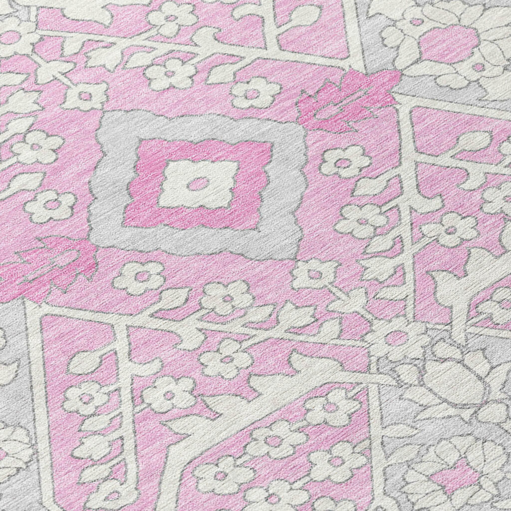 8' X 10' Pink Ivory And Gray Floral Washable Indoor Outdoor Area Rug