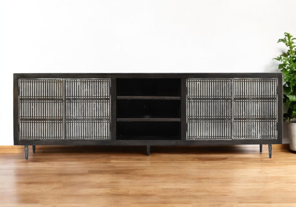 92" Dark Brown Carved Geometric Distressed Solid Wood Enclosed and Open Storage TV Stand