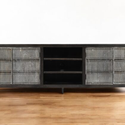 92" Dark Brown Carved Geometric Distressed Solid Wood Enclosed and Open Storage TV Stand