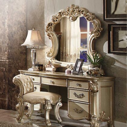 Elaborate Carved Gold Patina Finish Desk Vanity Dressing Table With 7 Drawers