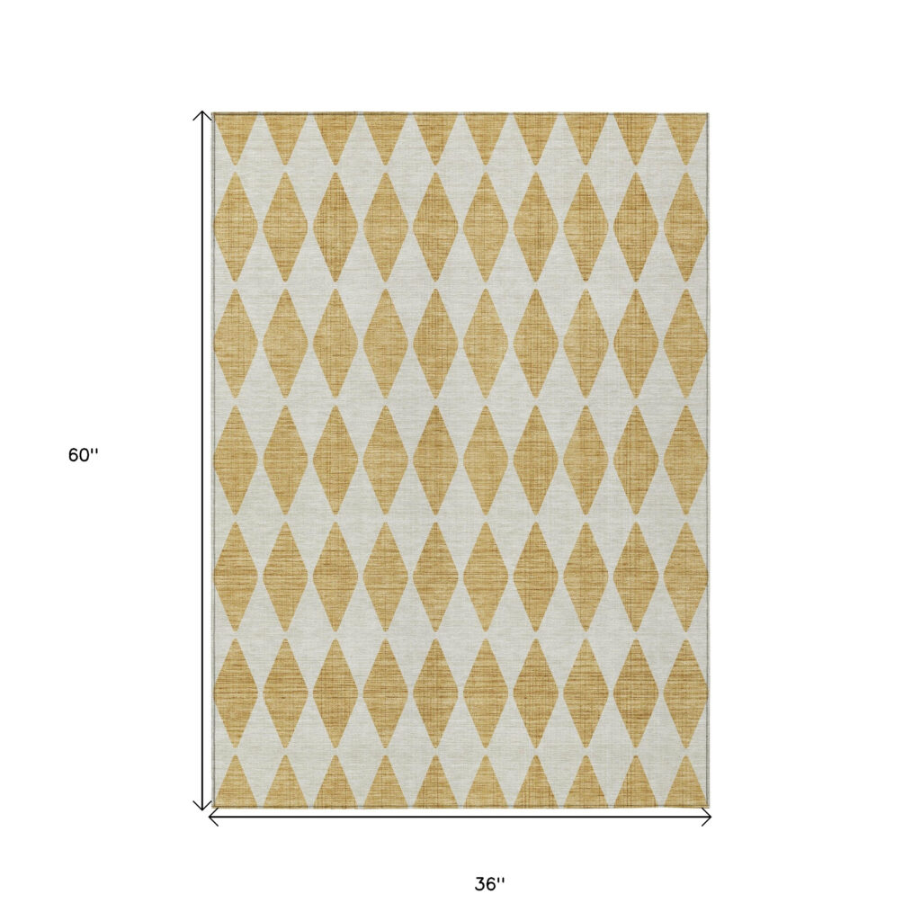 3' X 5' Gold Geometric Washable Indoor Outdoor Area Rug