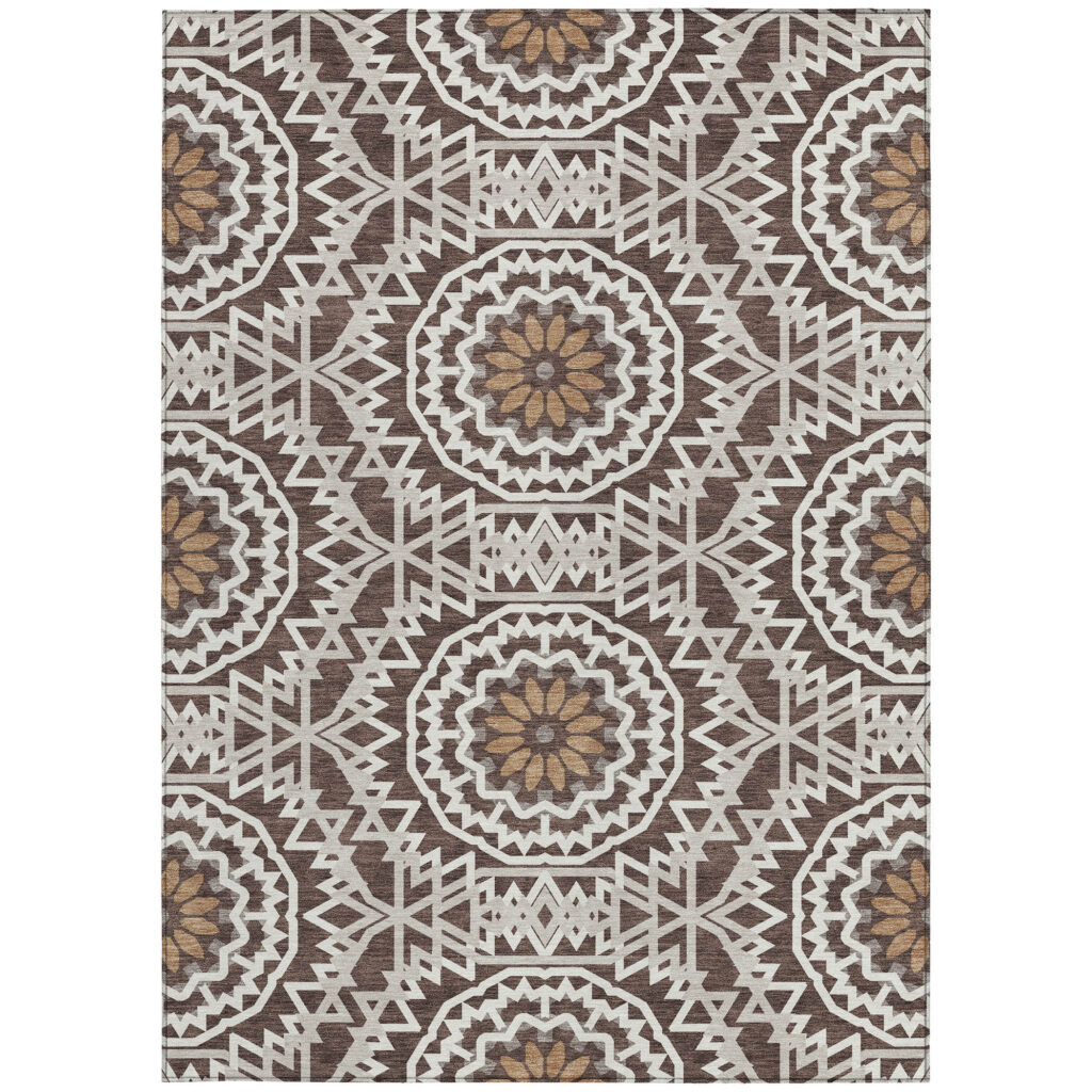 9' X 12' Chocolate Ivory And Taupe Floral Medallion Washable Indoor Outdoor Area Rug