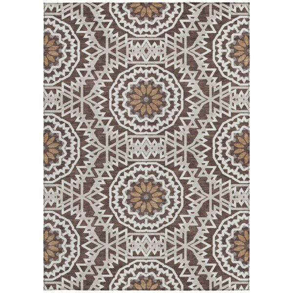 9' X 12' Chocolate Ivory And Taupe Floral Medallion Washable Indoor Outdoor Area Rug