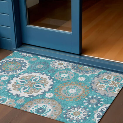 3' X 5' Teal Blue Taupe And Gray Floral Medallion Washable Indoor Outdoor Area Rug
