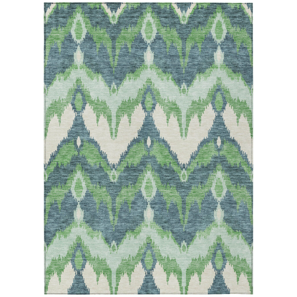 5' X 8' Green Ivory And Blue Ikat Washable Indoor Outdoor Area Rug