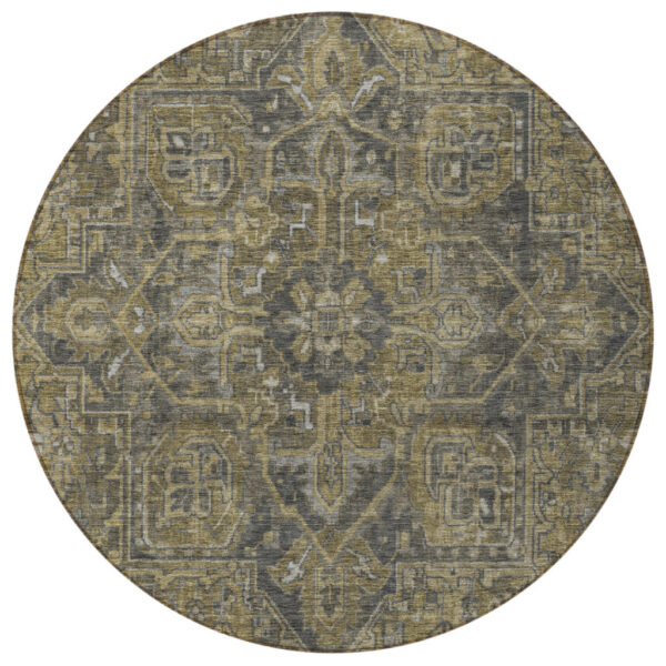 8' Round Dark Moss Green and Gray Round Oriental Washable Non Skid Indoor Outdoor Area Rug
