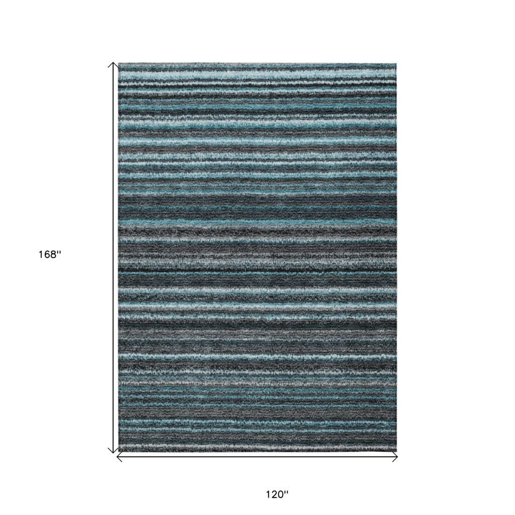 10' X 14' Teal Blue Sky Blue And Gray Striped Washable Indoor Outdoor Area Rug