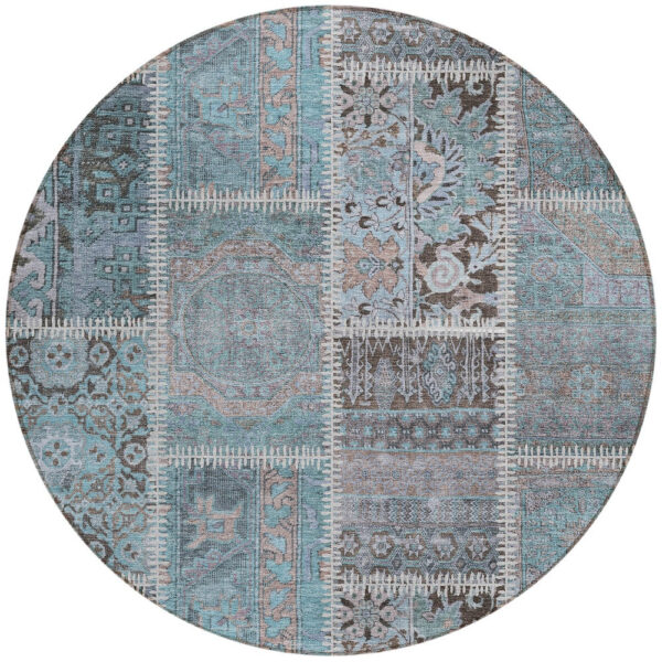 8' Teal Blue Aqua And Beige Round Patchwork Washable Indoor Outdoor Area Rug