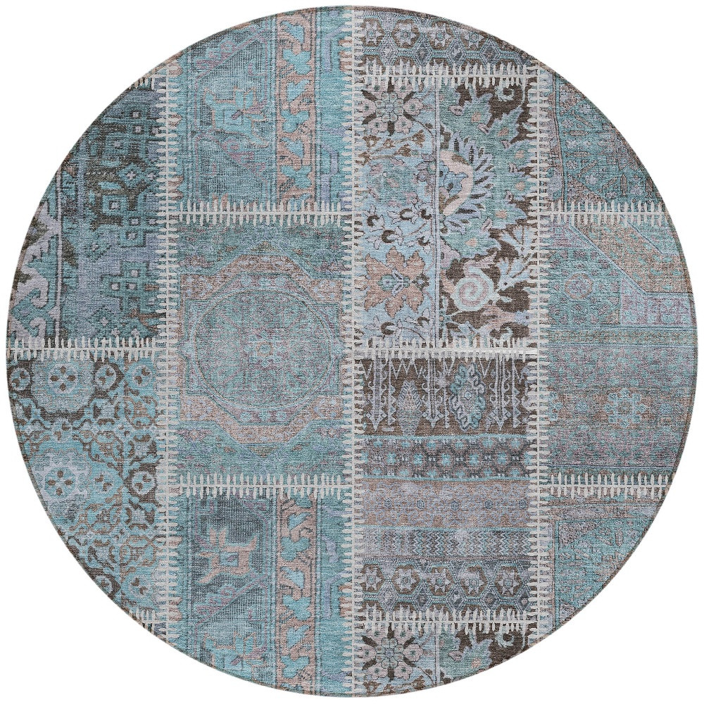 8' Teal Blue Aqua And Beige Round Patchwork Washable Indoor Outdoor Area Rug