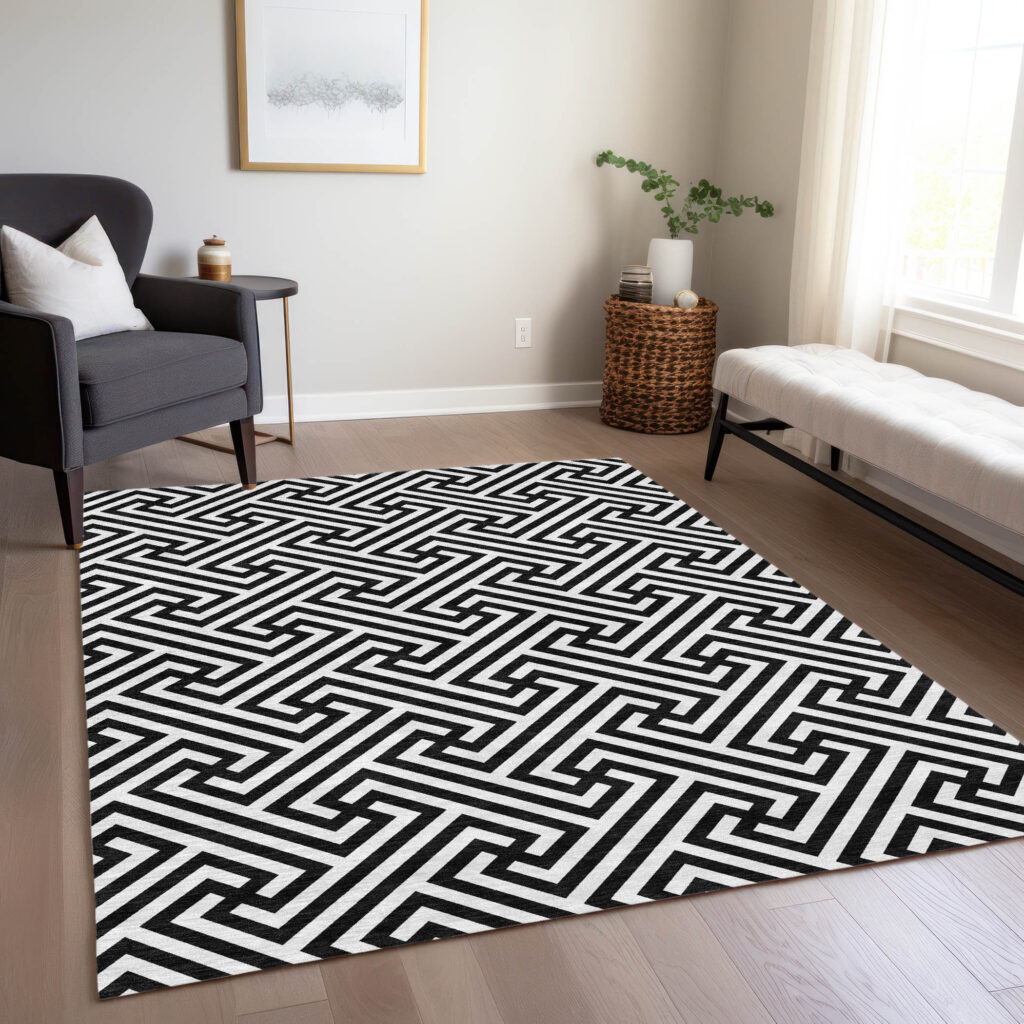 10' X 14' Black And Ivory Geometric Washable Indoor Outdoor Area Rug