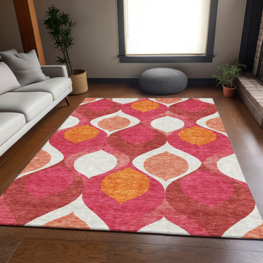 9' X 12' Pink Mauve And Orange Ogee Washable Indoor Outdoor Area Rug