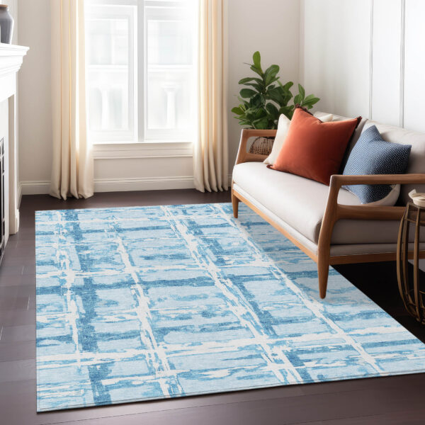 8' X 10' Sky Blue Denim Blue And Ivory Striped Washable Indoor Outdoor Area Rug